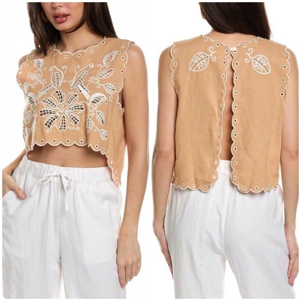 Farm Rio Top Womens M Broderie Sand Richilieu Embroidered Sleeveless Linen Blend - Picture 1 of 9
